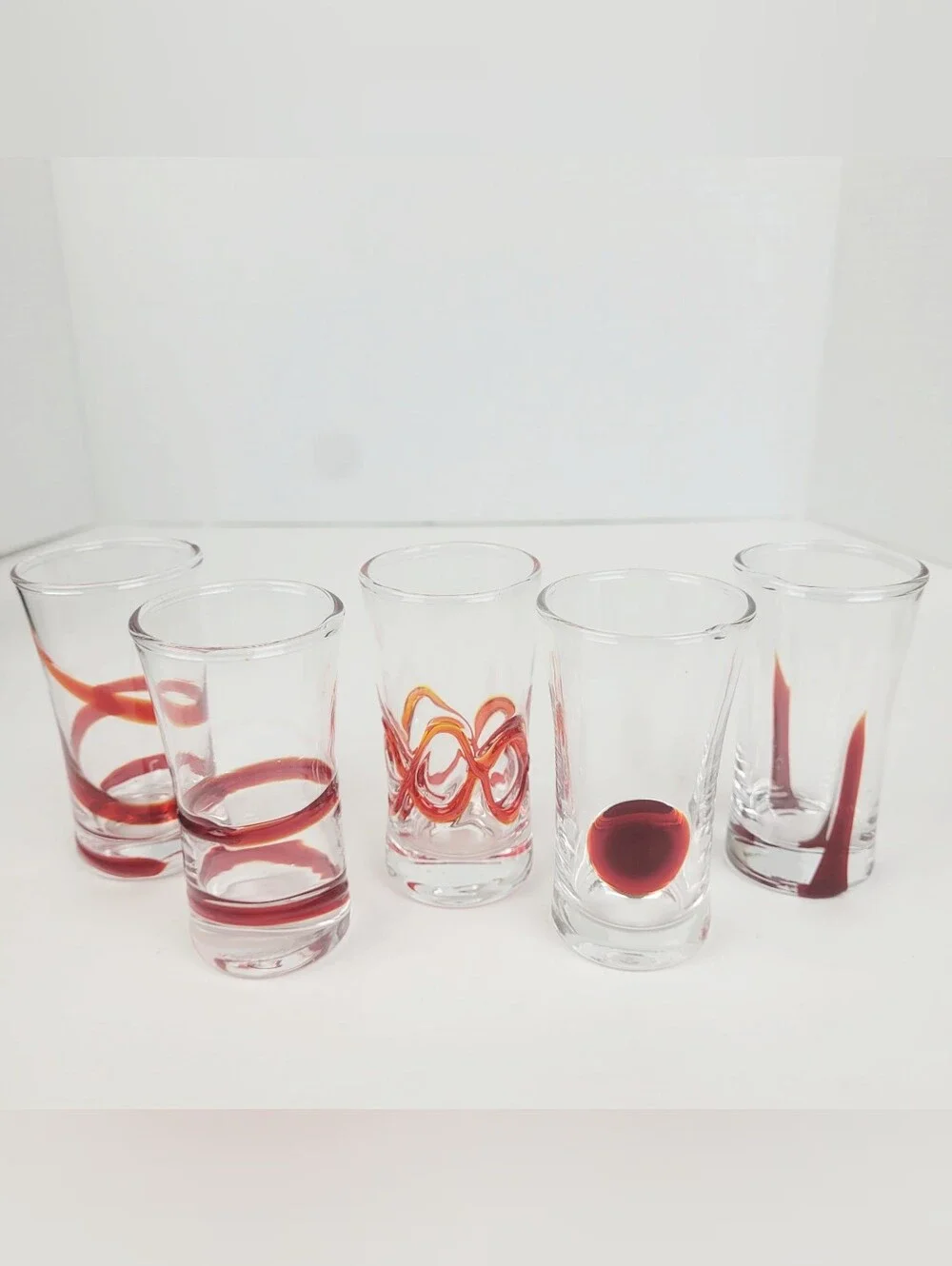 Pier 1 Red Swirline Shot Glasses~2 oz Clear Shooters~Retired~Set of 5~EUC